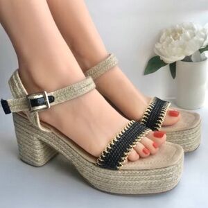 SALE🔥 SZ 11 Black Tan Cream Espadrille Boho Open Toe Chunky Platform Sandals